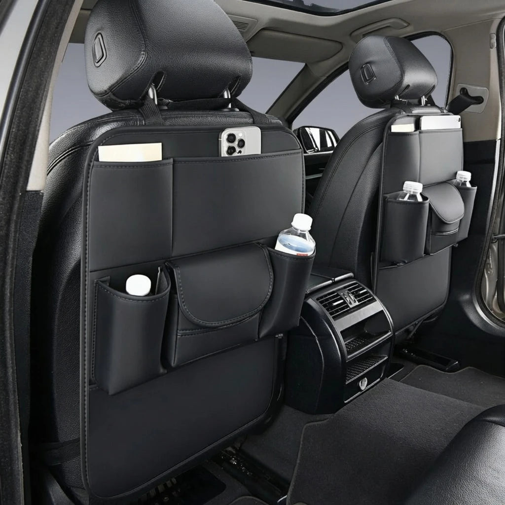 Leather Car Seat Organizer — Foldable Tablet Tray & Storage