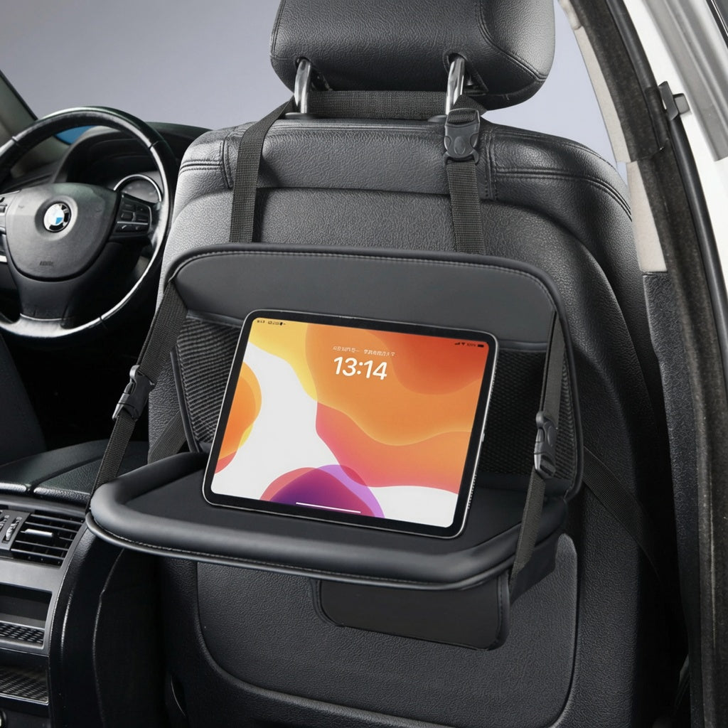 Leather Car Seat Organizer — Foldable Tablet Tray & Storage